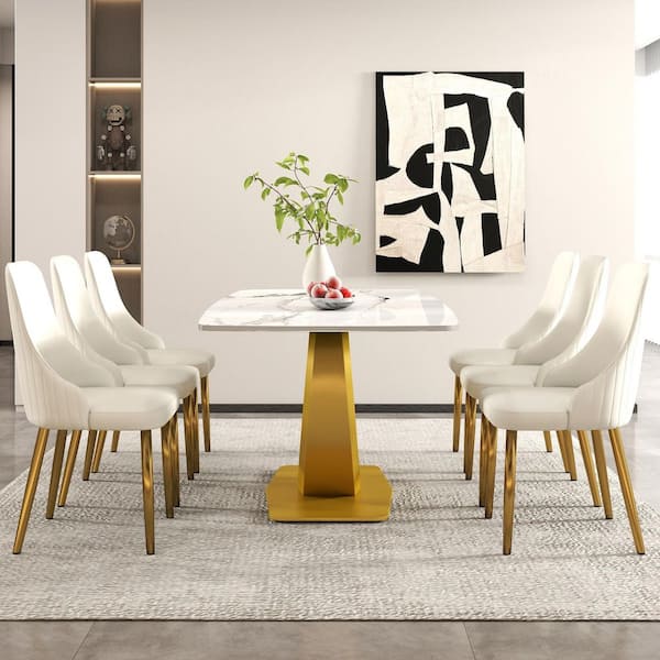 (Set of 6) Modern PU leather Upholstered Dining Chair Desk Chair Furniture with Sturdy Metal Legs, Beige