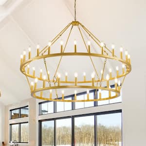 57 in. 48-light 2 Tier Gold Extra Large Farmhouse Wagon Wheel Loft Retro Round Chandelier for Living Room Foyer Cafe Bar