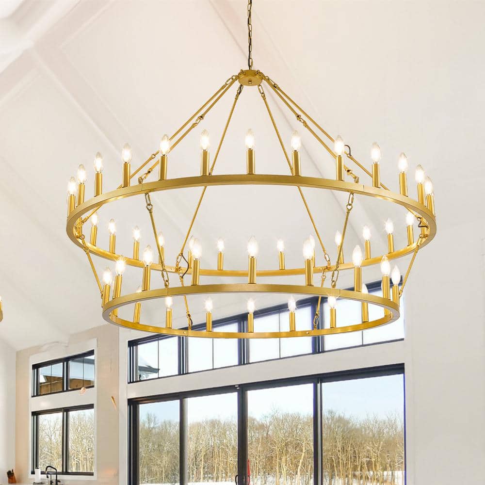 57 in. 48-light 2 Tier Gold Extra Large Farmhouse Wagon Wheel Loft Retro Round Chandelier for Living Room Foyer Cafe Bar price history on PriceWatchPro