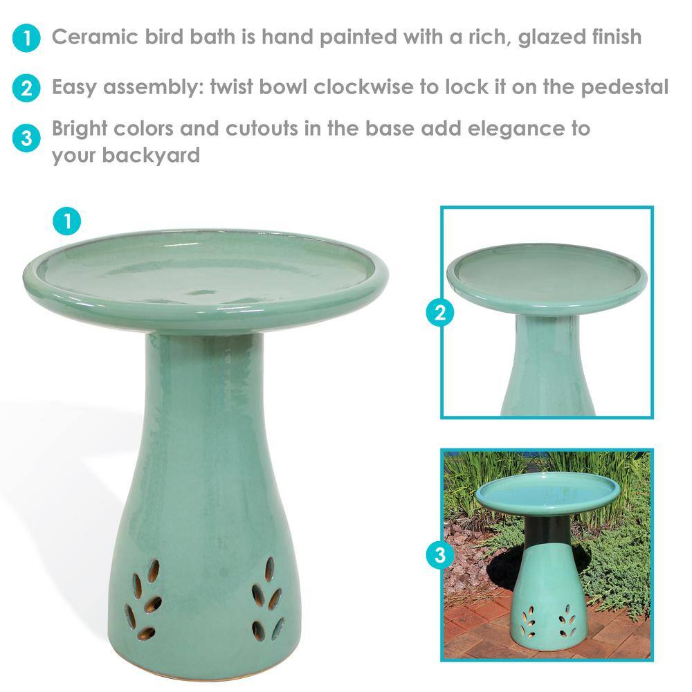 Seafoam Glazed Ceramic Hand-Painted Outdoor Bird Bath Stand