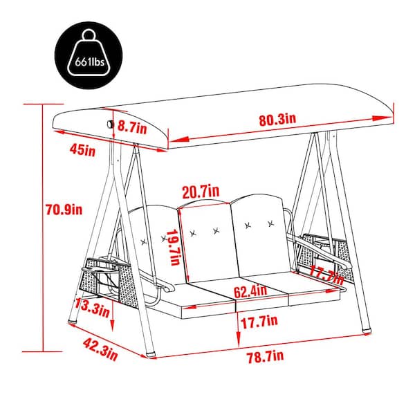 VEIKOUS 3-Person Metal Outdoor Patio Swing Chair with Convertible