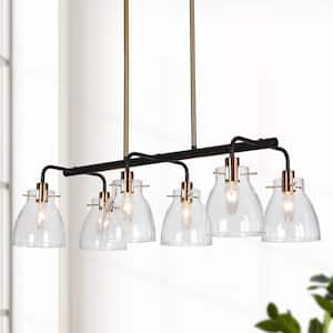 6-Light Brass Gold Island Hanging Chandelier Lighting, Black Linear Pendant Light with Clear Glass Shade