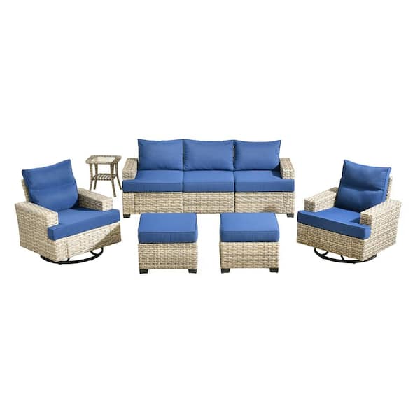 Kelleys 8-Piece Wicker Modern Outdoor Patio Conversation Sofa Set with Swivel Chairs and Navy-Blue Cushions