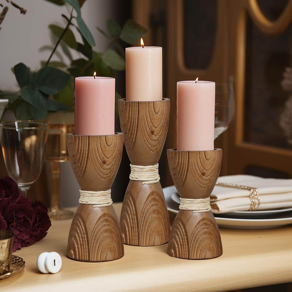Rustic Pine Wood and Rattan Pillar Candle Holder Set