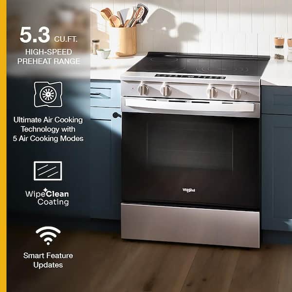 Whirlpool - 30 in. 5-Burners Smart Slide-In Electric Range in Fingerprint Resistant Stainless Steel with No Preheat Air Fry