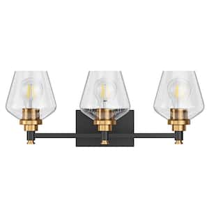Modern 21.85 in. 3-Light Black and Gold Bathroom Vanity Light Over Mirror Wall Sconce Lighting with Glass Shades