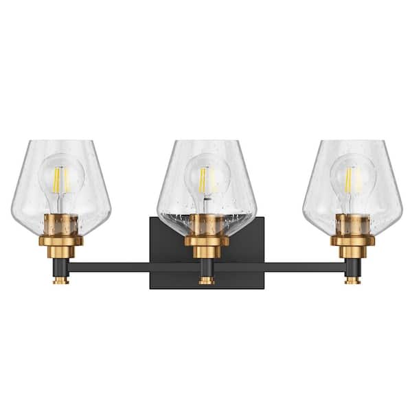 aiwen Modern 21.85 in. 3-Light Black and Gold Bathroom Vanity Light Over Mirror Wall Sconce Lighting with Glass Shades