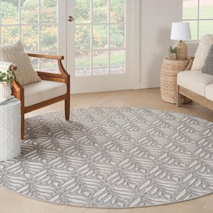 Aloha Grey 8 ft. x 8 ft. Floral Botanical Contemporary Indoor/Outdoor Round Patio Area Rug