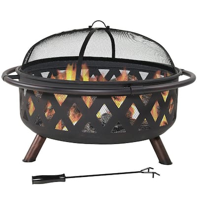 Black Cross Weave 36 in. x 24 in. Round Steel Wood Burning Fire Pit with Spark Screen
