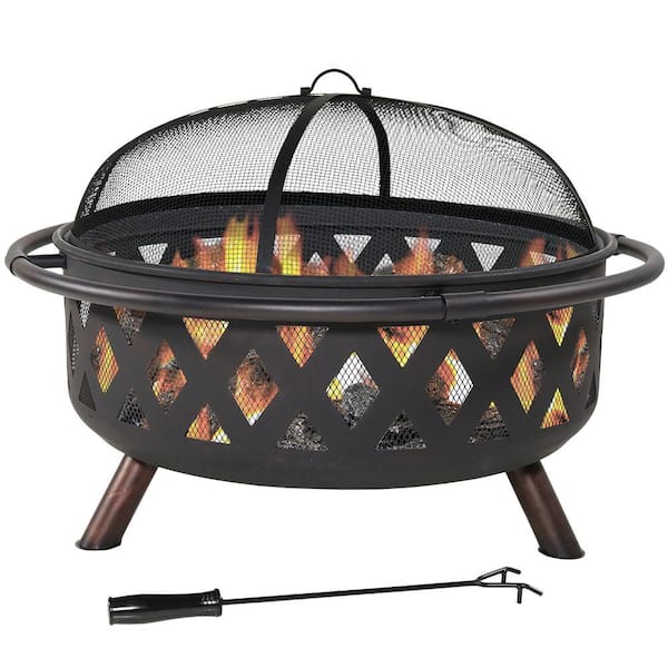 Sunnydaze Decor Black Cross Weave 36 in. x 24 in. Round Steel Wood Burning Fire Pit with Spark Screen