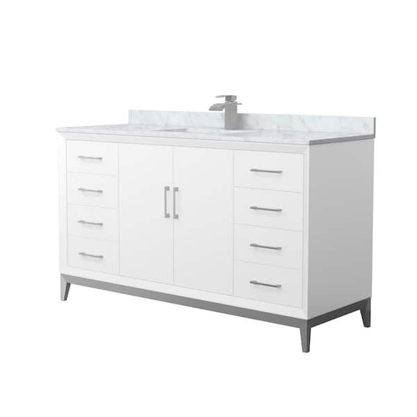 Wyndham Collection Amici 60 in. W x 22 in. D x 35.25 in. H Single Bath Vanity in White w/Brushed Nickel Trim with White Carrara Marble Top