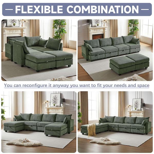 J&E Home 120 in. Armless 5-piece L Shaped Loop Yarn Fabric Oversized Deep Seat Sectional Sofa with Reversible Chaise in. Green
