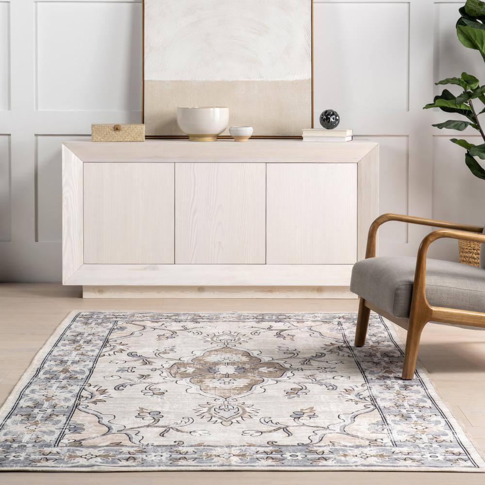 Gray Floral Cotton Synthetic Washable Round Area Rug