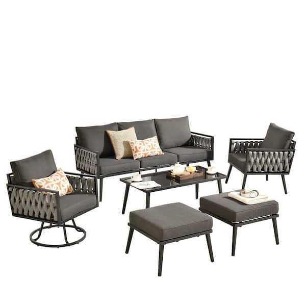 Velora 6-Piece Patio Conversation Braided Sofa Swivel Rocking Chair Set with Ottomans and Black Cushions