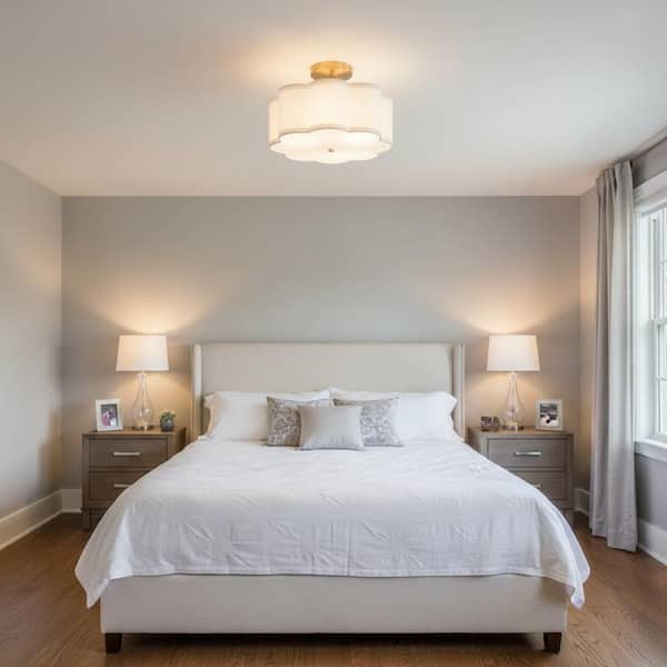 13 in. 3-Light Gold Semi Flush Mount Ceiling Light, Modern Ceiling Fixture with Fabric Flower Shade for Bedroom, Nursery