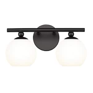 Neoma 13.5 in. 2 Light Matte Black Vanity Light with Opal Etched Glass Shade with No Bulbs Included