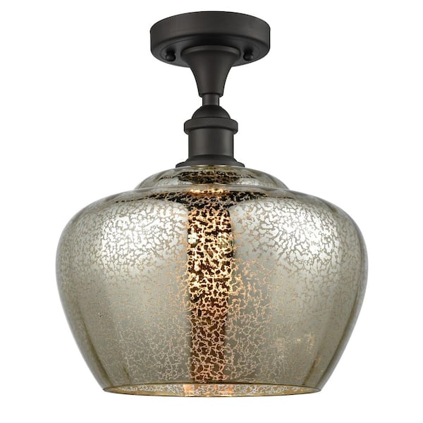 Fenton 11 in. 1-Light Oil Rubbed Bronze Industrial Semi-Flush Mount with Decorative Glass Shade