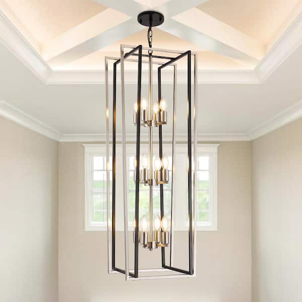 Magic Home 12 Light Modern Chandelier Semi Flush Black and Sliver Ceiling Light Fixture for Dining Room Hallway Entryway Bedroom