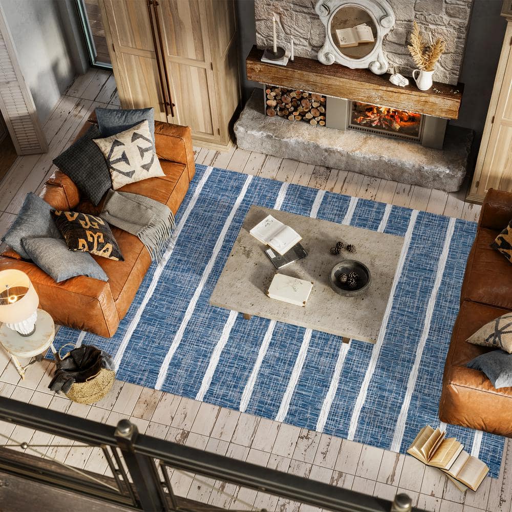 Blue and Ivory Striped Synthetic Reversible Area Rug