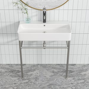 32 in. Ceramic White Single Bowl Console Sink Basin and Silver Leg Combo with Overflow