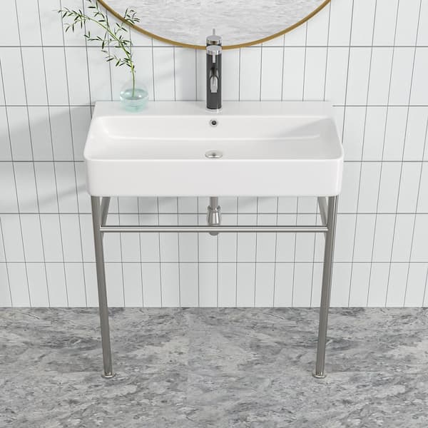 32 in. Ceramic White Single Bowl Console Sink Basin and Silver Leg Combo with Overflow