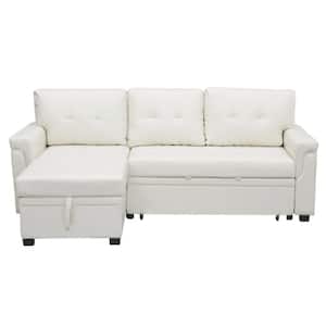 78 in. W Stylish Reversible Faux Leather Sleeper Sectional Sofa Storage Chaise Pull Out Convertible Sofa in White