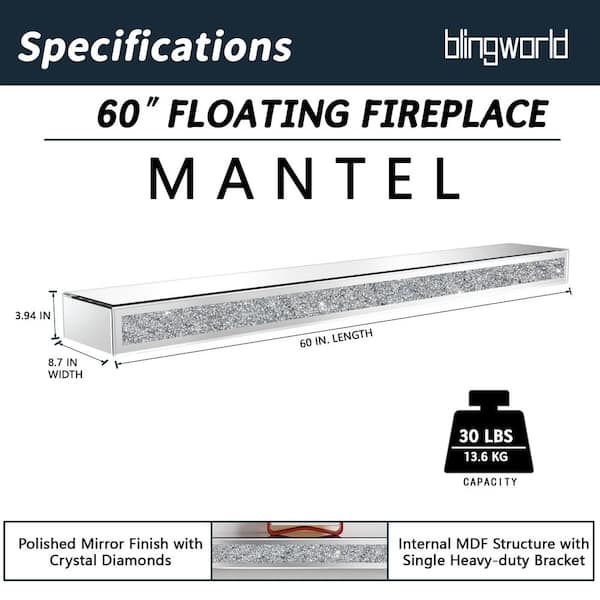 60 in. W x 8.5 in. D Silver Mirror Glass Fireplace Decorative Wall Shelf