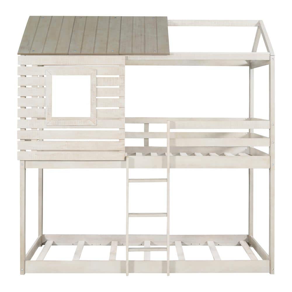 Antique White Twin Over Twin Bunk Bed Wood Loft Bed with Roof, Window, Guardrail, Ladder price history on PriceWatchPro