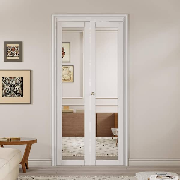 36 in. x 80 in. 1-Lite Mirror Glass and Solid Core White Finished MDF Interior Closet Bi-Fold Door with Hardware