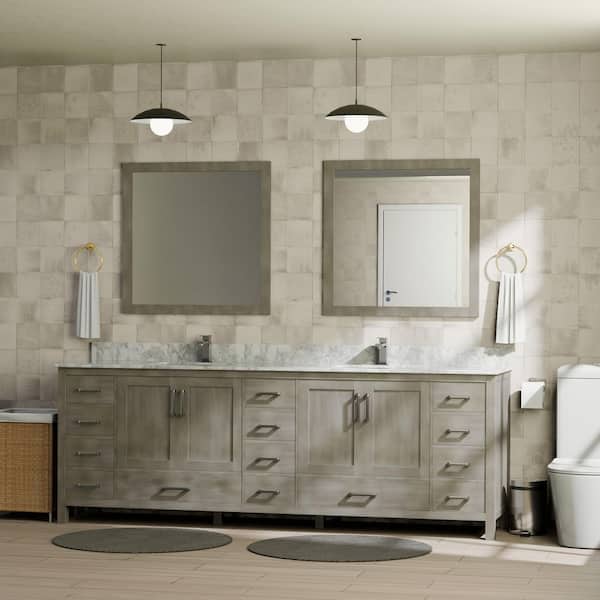 Lexora Jacques 84 in. W x 22 in. D Distressed Grey Double Bath Vanity, Carrara Marble Top, Faucet Set, and 34 in. Mirrors