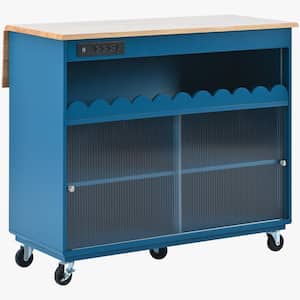 Blue Wood 44 in. Kitchen Island with Drop Leaf LED Light Wheels Large Kitchen Island Cart with 2-Cabinet 1-Open Shelf