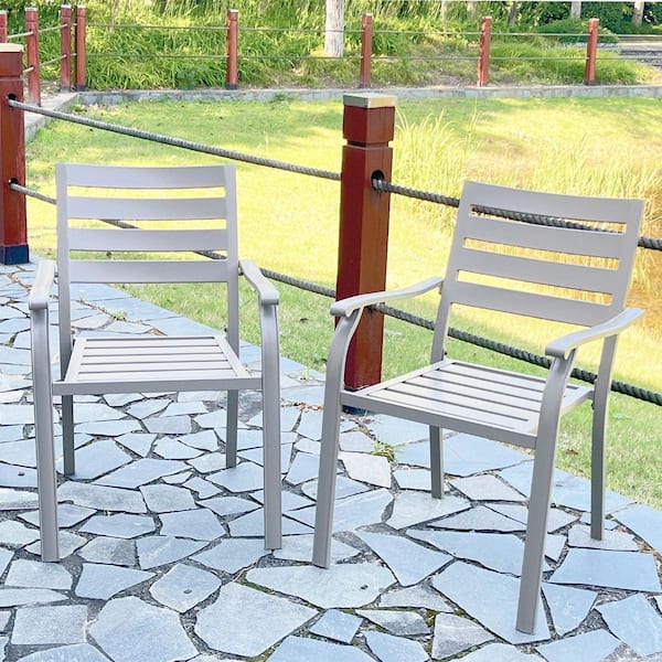Cream Finish Stackable Iron Outdoor Dining Chair Set of 2 in Cream