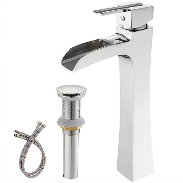 Unbranded Single Handle Waterfall Bathroom Vessel Sink Faucet with Drain Assembly 1-Hole Tall Bathroom Faucets in Polished Chrome