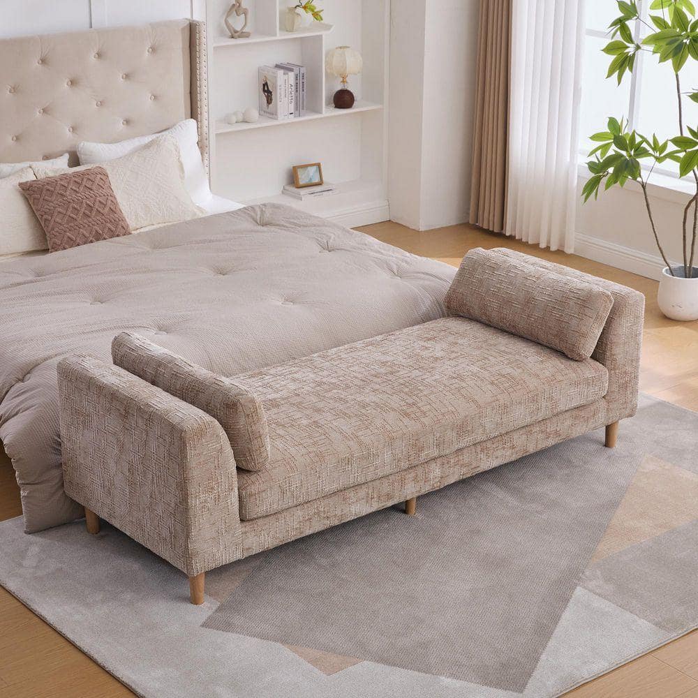 83.1 in. Beige Wheat Upholstered Bedroom Bench Armrests and 2 Bolster Pillows for Living Room