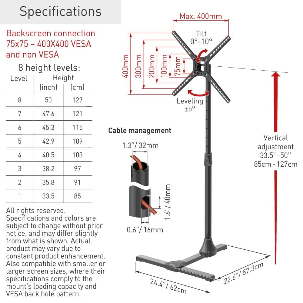 Barkan Black Adjustable Floor Stand TV Mount for 13-65 Inch Screens