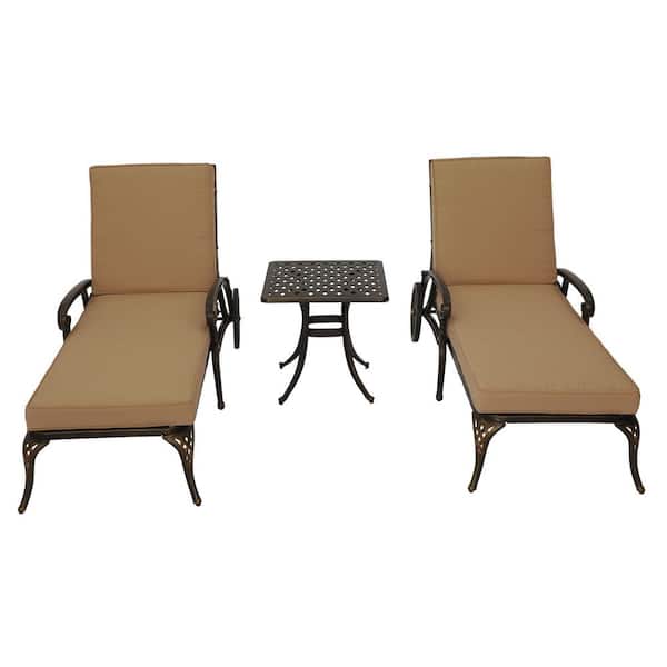 Clihome 3-Piece Cast Aluminum Outdoor Chaise Lounge with Side Table and Beige Cushion