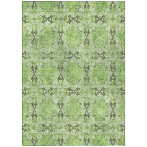 Green 5 ft. x 8 ft. Woven Floral;Medallion Rectangle Indoor/Outdoor Area Rug