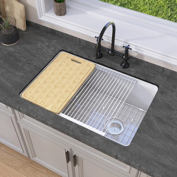 30 in. L x 19 in. W Drop-In/Undermount Single Bowl White Fireclay Rectangular Workstation Kitchen Sink with Accessories