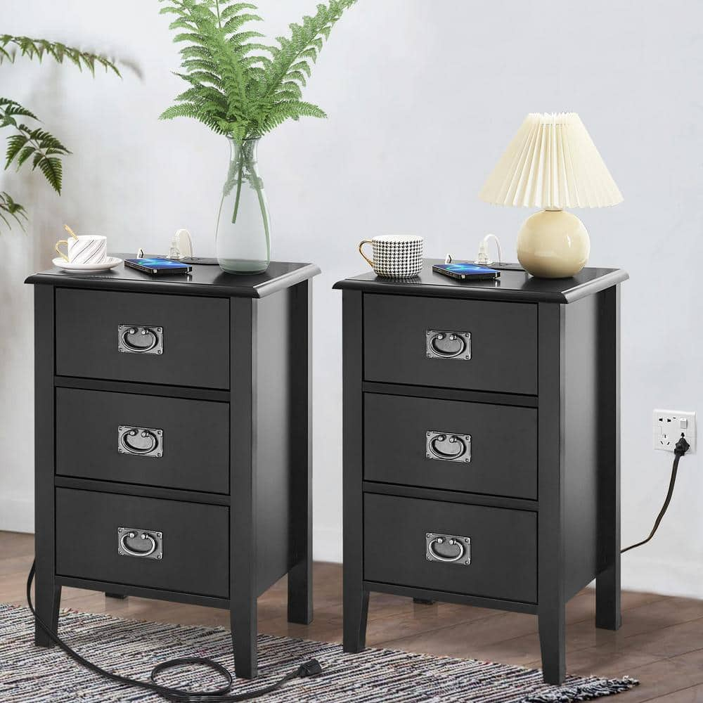 VECELO Nightstand Set Of 2-with Charging Station, Black End/Side Table ...