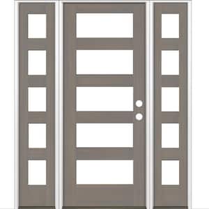 60 in. x 80 in. Modern Hemlock Left-Hand/Inswing 5-Lite Clear Glass Grey Stain Wood Prehung Front Door with Sidelites