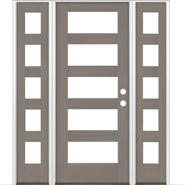 Krosswood Doors 64 in. x 80 in. Modern Hemlock Left-Hand/Inswing 5-Lite Clear Glass Grey Stain Wood Prehung Front Door with Sidelites