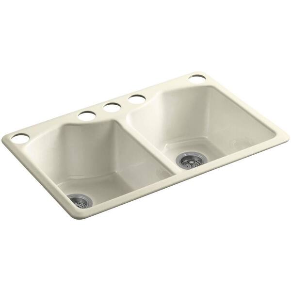 KOHLER Bellegrove Undermount Cast-Iron 33 in. 5-Hole Double Bowl Kitchen Sink with Accessories in Cane Sugar