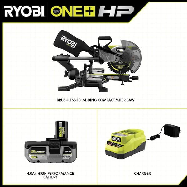 RYOBI PBLMS01K ONE+ HP 18V Brushless Cordless 10 in. Sliding Compound Miter Saw Kit with 4.0 Ah HIGH PERFORMANCE Battery and Charger - 2
