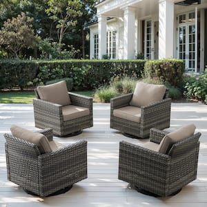 Gray Wicker Outdoor Rocking Chairs, Patio Swivel Gliders with Gray Cushions for Porch or Balcony (4-Pack)