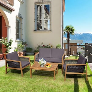 4-Piece Patio Rattan Furniture Set Acacia Wood Cushioned Sofa Gray