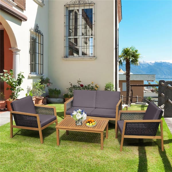 4-Piece Patio Rattan Furniture Set Acacia Wood Cushioned Sofa Gray