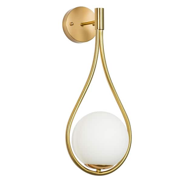 Briignite 7.87 in. Gold 1-Light Wall Sconce with Water Drop Design and Global Frosted Glass Shade for Bedroom Bedsides