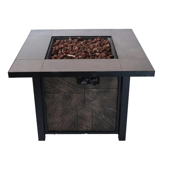 Boosicavelly 35.4 in. Stone Gray Square Metal Fire Pit Table with 5 kg Lava Stone and Rainproof Cover