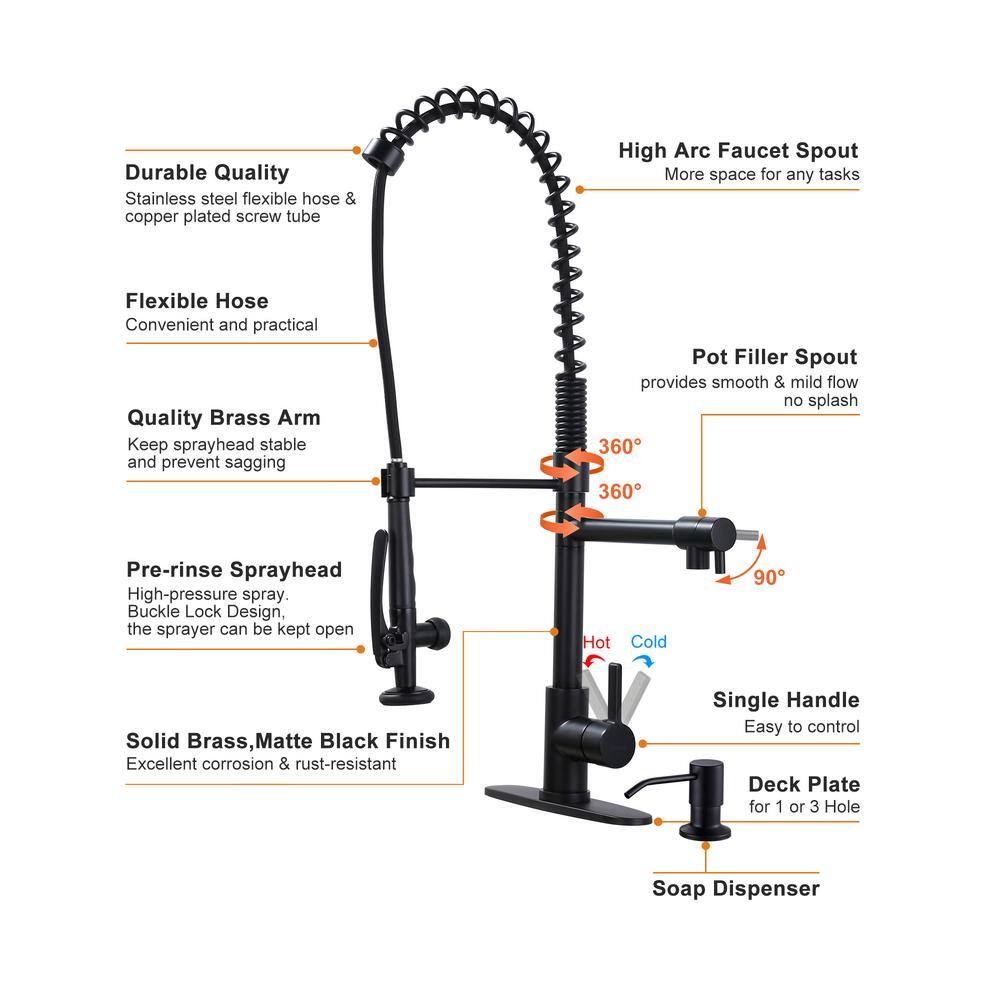 Matte Black Commercial Single-Handle Pull Down Kitchen Faucet with Soap Dispenser