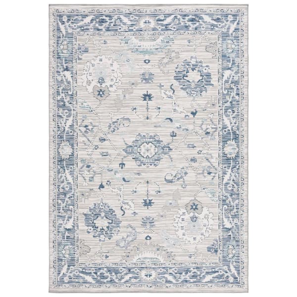 SAFAVIEH Sunrise Gray/Blue Ivory 5 ft. x 8 ft. Floral Border Reversible Indoor/Outdoor Area Rug